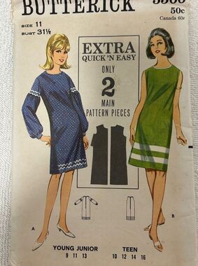 Butterick 3566 Vintage Sewing Pattern One-Piece Dress Size 11 Bust 31½